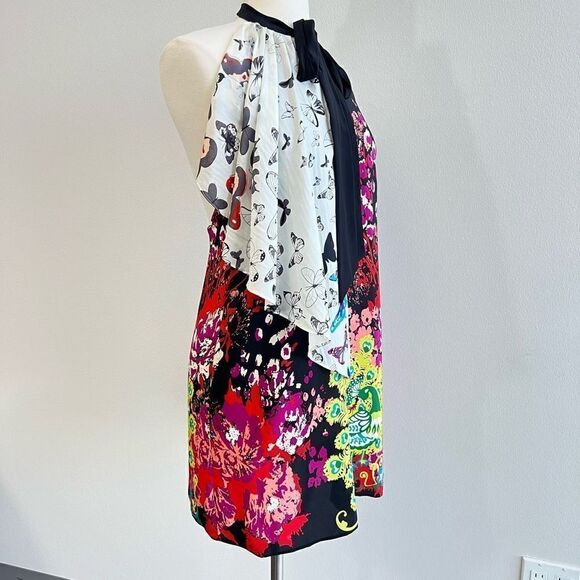 Meghan LA Silk Dress Bright Floral Halter Mini Short Butterflies Size XS 0 - Picture 3 of 9